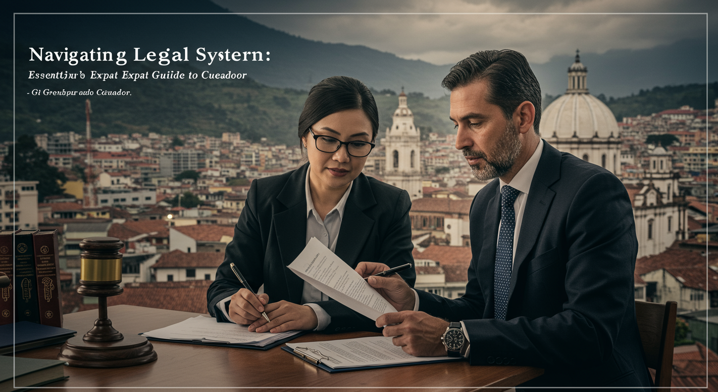 Man and woman reviewing legal documents with a cityscape of Cuenca, Ecuador in the background.