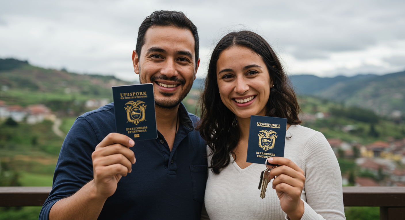 A smiling expat couple holding Ecuadorian passports and keys to a new home in Cuenca.